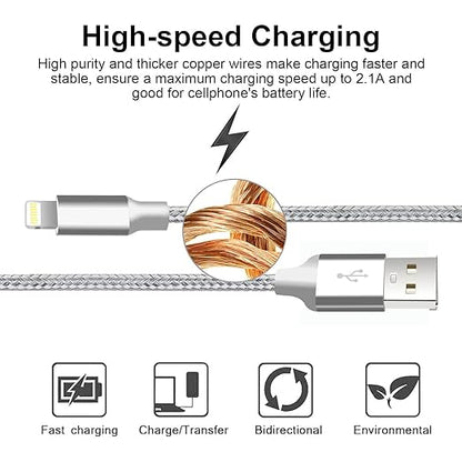 cugunu iPhone Charger, 5 Pack 3/3/6/6/10FT Apple MFi Certified USB Lightning Cable Nylon Braided Fast Charging Cord Compatible for iPhone 14/13/12/11/X/Max/8/7/6/5/SE/Plus/iPad - Silver