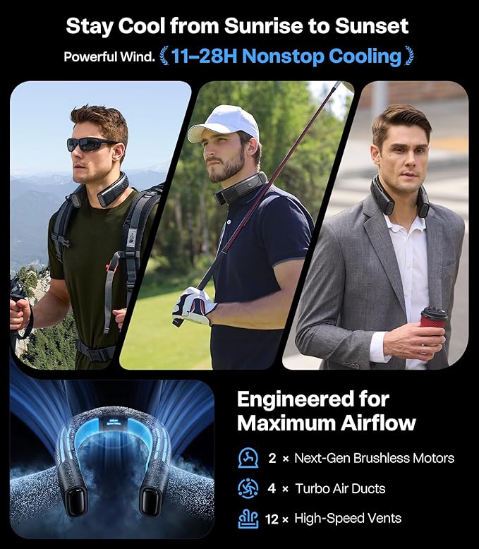 TORRAS 2025 COOLiFY 2S Neck Fan, 3 Model, 3-28H Extended Battery Life, Neck Fans that Blow Cold Air, Neck Air Conditioner, Cooling Neck Fan for Work,Hiking,Travel. Gifts for Dad Husband Father, Black
