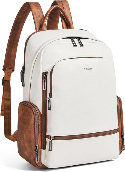Leather Backpack for Women, Fits 15.6 Inch Laptop, Soft Vegan Leather Backpack for Travel and Daily Use, Beige