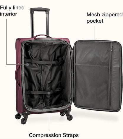 U.S. Traveler Anzio Softside Sturdy Ballistic Nylon Expandable Travel Suitcase Luggage with 4 Spinner Wheels, Burgundy, Checked-Medium 26-Inch