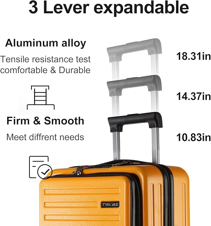 TydeCkare 20 Inch Carry On Luggage with Front Pocket, 21.65 * 15.35 * 7.87" Suitable for Airplane Overhead Bin, 34L Lightweight PC+ABS Hardshell with YKK Zipper, TSA Lock Approved, Orange