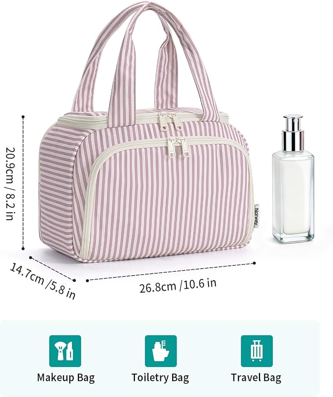 Narwey Large Travel Toiletry Bag, Wide-open Travel Bag for Toiletries, Toiletry Bags for Traveling Women, Cosmetic Make Up Makeup Bag Organizer with Wet Pocket, Shower Skincare Bag (Dusty Pink Stripe)