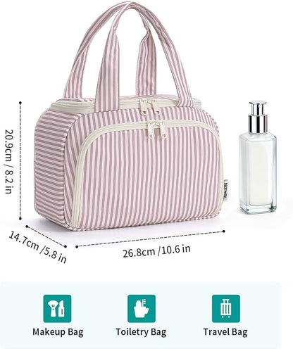 Narwey Large Travel Toiletry Bag, Wide-open Travel Bag for Toiletries, Toiletry Bags for Traveling Women, Cosmetic Make Up Makeup Bag Organizer with Wet Pocket, Shower Skincare Bag (Dusty Pink Stripe)