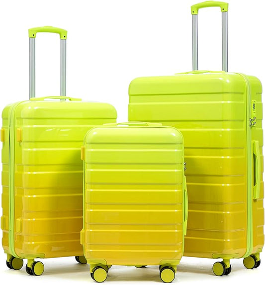 Campfun 3 Piece Luggage Sets, PC Gradient Color Suitcase Set with Double Spinner Wheels, Durable Carry On Luggage with Combination Lock, 20/24/28 inch, Green+Yellow