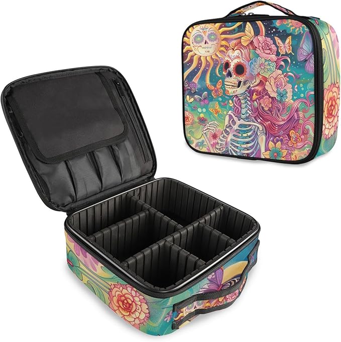 MNSRUU Travel Makeup Bag, Skeleton Woman with Flowers Women Makeup Case Organizer Cosmetic Toiletry Bag for Teenage Girl with Adjustable Dividers