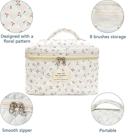 Large Travel Quilted Makeup Bag for Women,Big Floral Cotton Cosmetic Bag, Cute Coquette Aesthetic Floral Toiletry Organizer Bag (White Cherry)