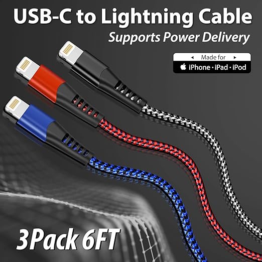 cugunu USB C to Lightning Cable 3 Pack 6FT iPhone Charger Apple MFi Certified Power Delivery Fast Charging Cord Compatible with iPhone 14/13/12/11/XS/XR/X/8