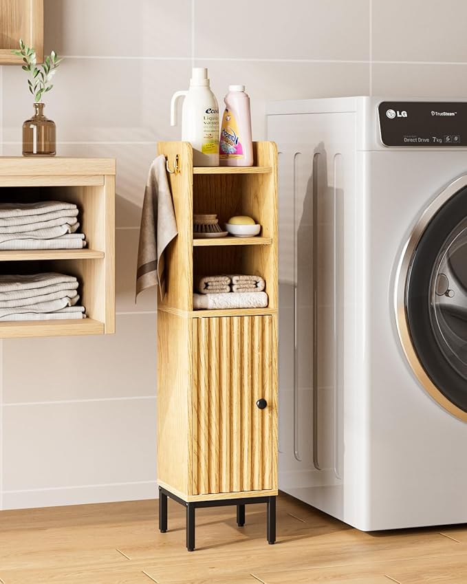 Bathroom Storage Cabinet, Small Corner Floor Hutch with Door and Shelves, Narrow Toilet Paper Cabinet, Bathroom Organizer with Adjustable Shelf, for Toile、Small Spaces