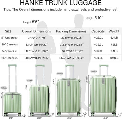 Hanke 20 Inch Carry-On Luggage with Wheels PC Hard Shell Suitcases Top Opening Aluminum Frame Travel Luggage Suitcases for Woman Men.(Bamboo Green)