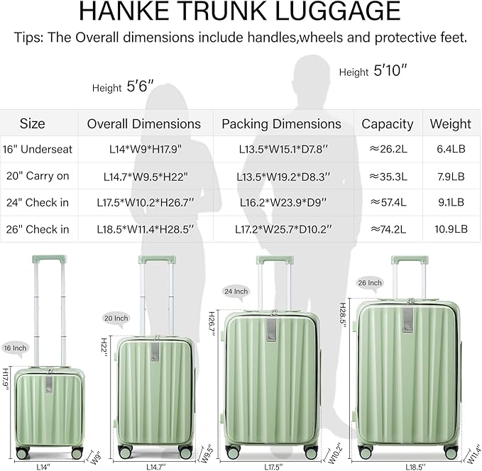 Hanke 24 Inch Checked Luggage PC Hard Shell luggage Top Opening Aluminum Frame Travel Luggage Suitcases with Wheels for Woman Men.(Bamboo Green)