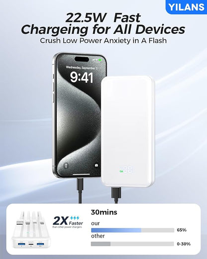 Portable Charger,50000mAh Power Bank Built-in Cable, 22.5W PD USB C In & Out Fast Charging, External Battery Pack with 6 Output & 2 Input, Travel Phone Charger for iPhone 17/16/15/14/13/12(White)