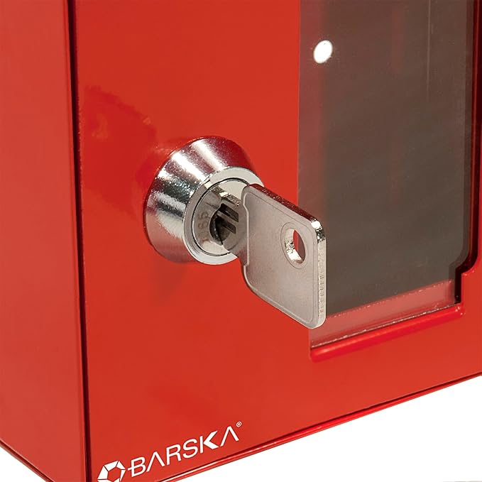 Barska Red Key Lock Breakable Glass Window Alarm Emergency Key Storage Lock Box with Attached Hammer for Home and Business