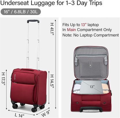 Hanke 16 Inch Underseat Carry On Luggage with Spinner Wheels Airline Approved, Small Rolling Suitcase Softside Underseater Lightweight TSA Travel Roller Suitcase Carry-On Bag(Burgundy)