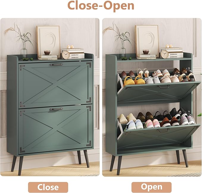 Shoe Storage Cabinet with 2 Flip Drawers, Farmhouse Freestanding Shoe Rack Organizer for Entryway, Narrow Hidden Slim Shoe Cabinet for Foyer,Hallway, Green
