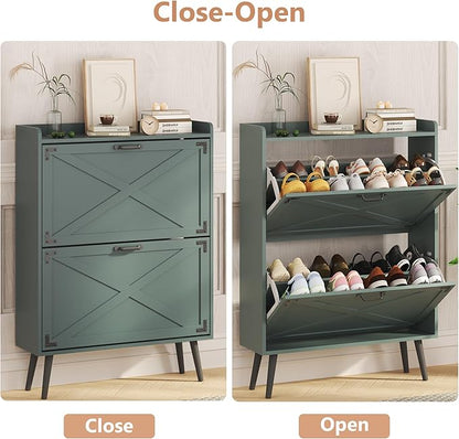Shoe Storage Cabinet with 2 Flip Drawers, Farmhouse Freestanding Shoe Rack Organizer for Entryway, Narrow Hidden Slim Shoe Cabinet for Foyer,Hallway, Green