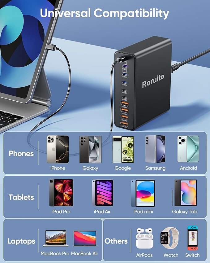 800W USB Charging Station, 120W PD GaN5 Super Fast USB C Charger Block-10 Port, Type C for PC Laptop MacBook Pro/Air Charger Compatible with iPhone 17 16 15 14 13 12 Pro Max, iPad, Galaxy (Black)
