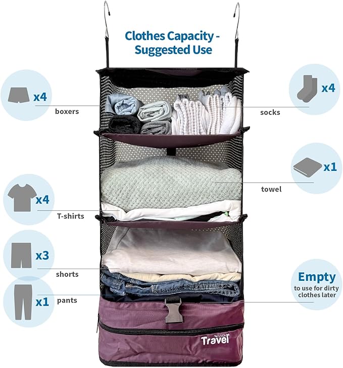 Grand Fusion Stow-N-Go Travel Luggage Organizer – Portable Hanging Travel Shelves, Carry-On Closet Organizer, Hanging Packing Cubes, Collapsible Carry-On Organizer for Cruises & Hotels. Burgundy - L