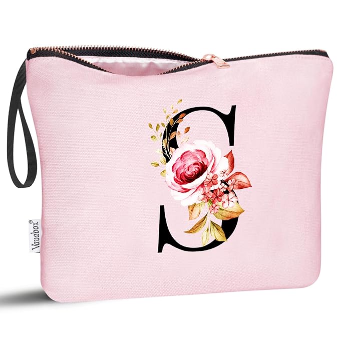 Vavabox A-Z Personalized Makeup Bag, Birthday Gifts for Women Mom, Gifts for Best Friend, Bride Bridesmaid Cosmetic bag (S, Pink)