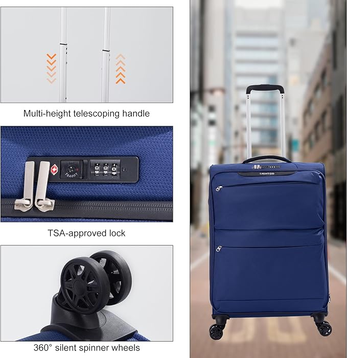 LIGHTGO Lightweight Softside Luggage,20inch Carry on, Water-Resistant, TSA Approved Lock, Spinner Wheel, Navy Blue, 20inch