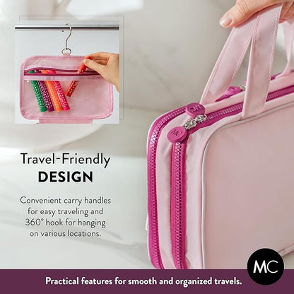 Kids Travel Organizer – Multi-Compartment, Water-Resistant Hanging Bag for Toys, Snacks, & Activities - Compact, Lightweight Design with Hook & Carry Handle - Perfect for Travel Use (Pink, Small)