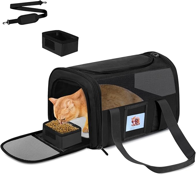 Cat Carrier Soft for Pets Up to 25 Lbs, Cat Travel Bag with Padded Shoulder Strap and Detachable Cat Food Bowl, Pet Dog Carriers for Small Dogs Travel Puppy Carry Airline Approved, Black