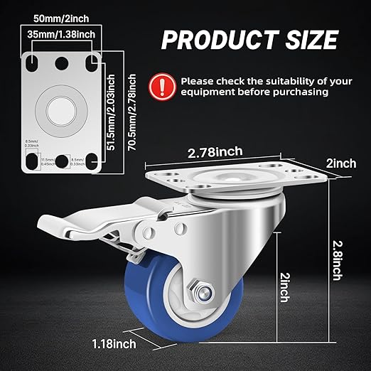 Nefish Stainless Steel Castor Wheels 2 Inch with Brake,Washable 304 Heavy Duty Casters Set of 4, Anti-Corrosion Stainless Steel Industrial Caster for Furniture,Toolbox,Restaurants,Outdoor