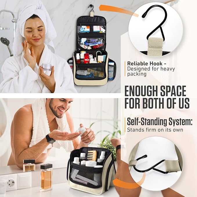 VENTURE 4TH Hanging Travel Toiletry Bag for Women & Men – Large Toiletry Organizer with 18 Compartments, Removable TSA Pouch, Travel Wash Bag for Toiletries, Makeup & Shaving Kit (Beige)