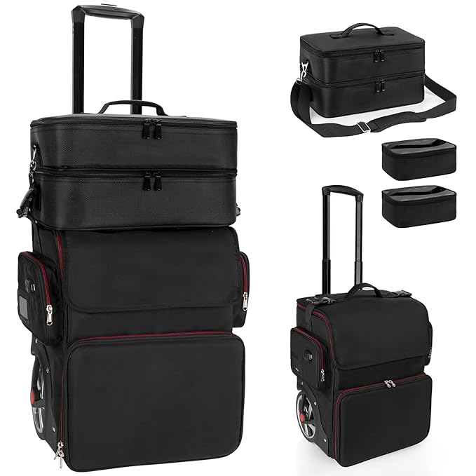 Large Makeup Train Case with a Large Makeup Travel Bag for Hairstylist, Hairdresser Bag with Detachable Pouch,Heat Insulation and Anti-scalding Full layer for Hairdressing Tool Organizer, Big wheels