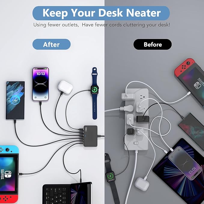 USB C Charger Block Charging Station, 100W 6Port GaN Fast Charging Brick Hub PD 3.0 USB C QC USB A Charger Cube Box Wall Charger Power Adapter for iPhone 16 15 14 13 Pro Max iPad Samsung Android Pixel