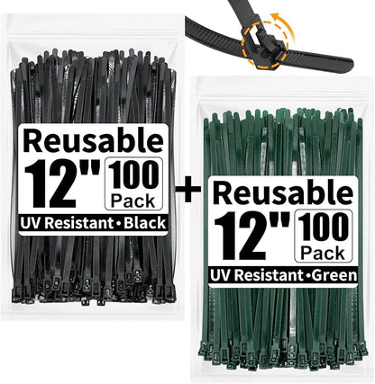 SOOOEC 200 Pack Reusable Zip Ties 12 inch Heavy Duty Outdoor UV Resistant, Releasable Black Zip Ties Indoor Round Ending No Hurt, Cable Ties Reusable Tie Wraps Non Slip Off (Black+ Green)