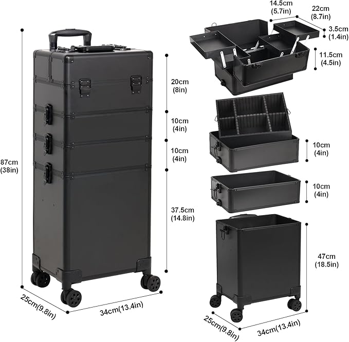 Professional Rolling Makeup Case, Cosmetology Case on Wheels 4 in 1 Large Cosmetic Train Case, Ideal Gift for Hairstylist, Nail Techs, Portable Beauty Organizer for Travel or Salon Use,Black