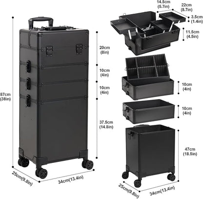 Professional Rolling Makeup Case, Cosmetology Case on Wheels 4 in 1 Large Cosmetic Train Case, Ideal Gift for Hairstylist, Nail Techs, Portable Beauty Organizer for Travel or Salon Use,Black