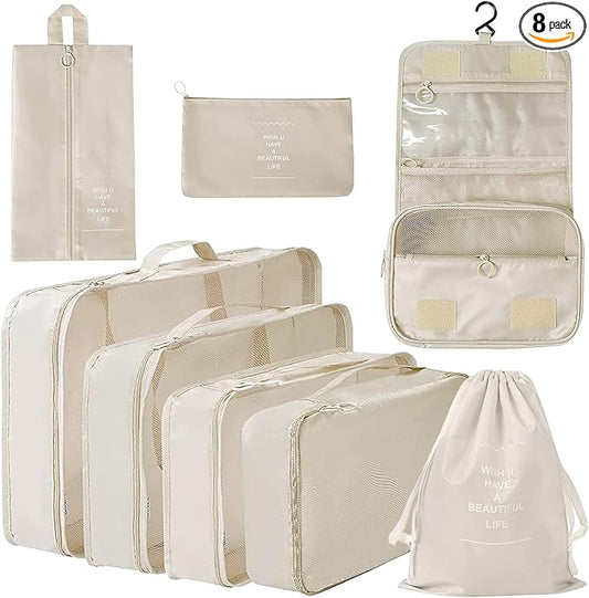 8 Set Packing Cubes, Travel Luggage Packing Organizers (Beige)