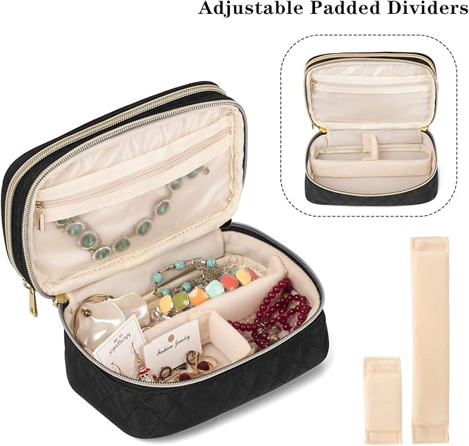 Teamoy Double Layer Jewelry Organizer, Jewelry Travel Case for Rings, Necklaces, Earrings, Bracelets and More(Small, Quilted-Black)