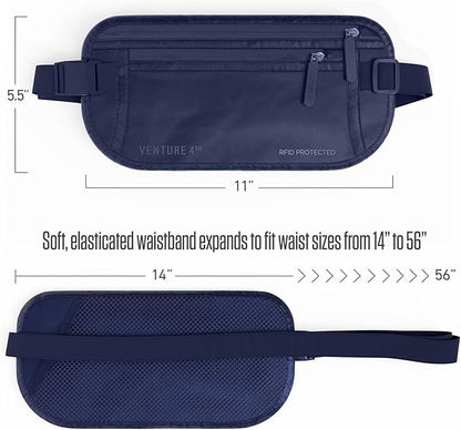 VENTURE 4TH Money Belt for Travel – Hidden Under-Clothes RFID Blocking Passport Holder & Slim Travel Wallet Pouch for Men & Women to Protect Cash, Cards & Documents (Sleek Navy Blue)