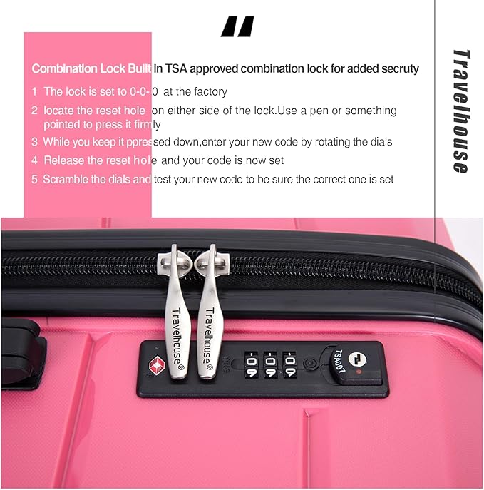 Travelhouse Luggage Sets, Hardside Suitcases 24in/28in, Carry on 20in,3 Piece Set Travel Luggages Clearance with Double Spinner Wheels TSA Lock Lightweight (Pink)
