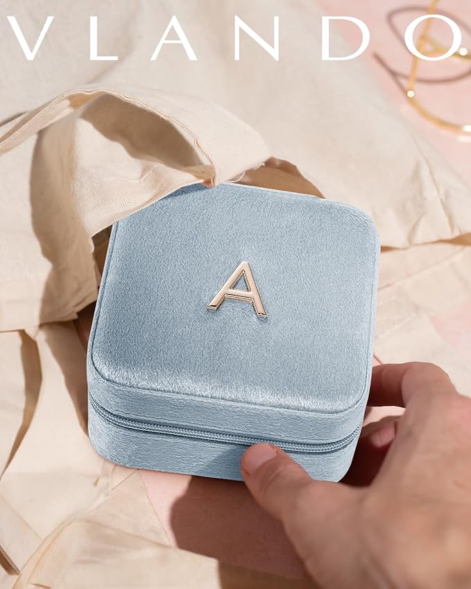 Vlando Wedding Gifts for Women, Jewelry Box, Bridal Shower Gifts, Bridesmaid Gifts for Wedding Day Bride Gifts, Personalized Jewelry Case - Letter D, Blue