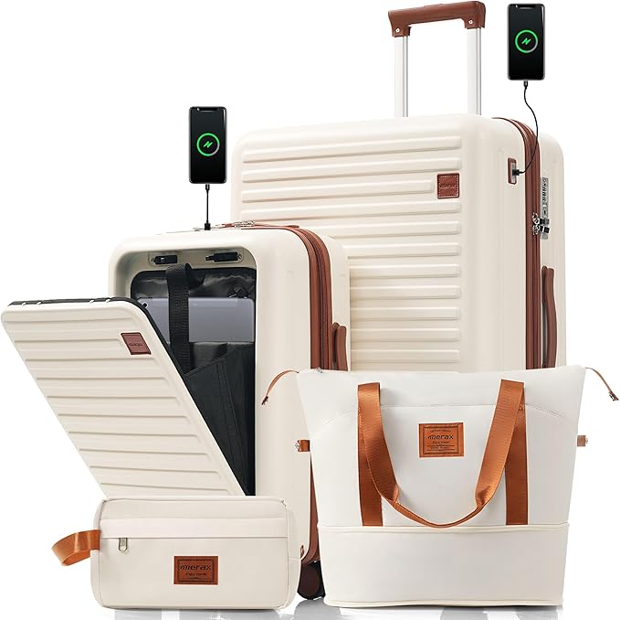 Merax 4-Piece Luggage Set with USB Charging Ports Suitcase with TSA Lock Travel Duffel Bag Wet-Dry Toiletry Bag, ivory and brown