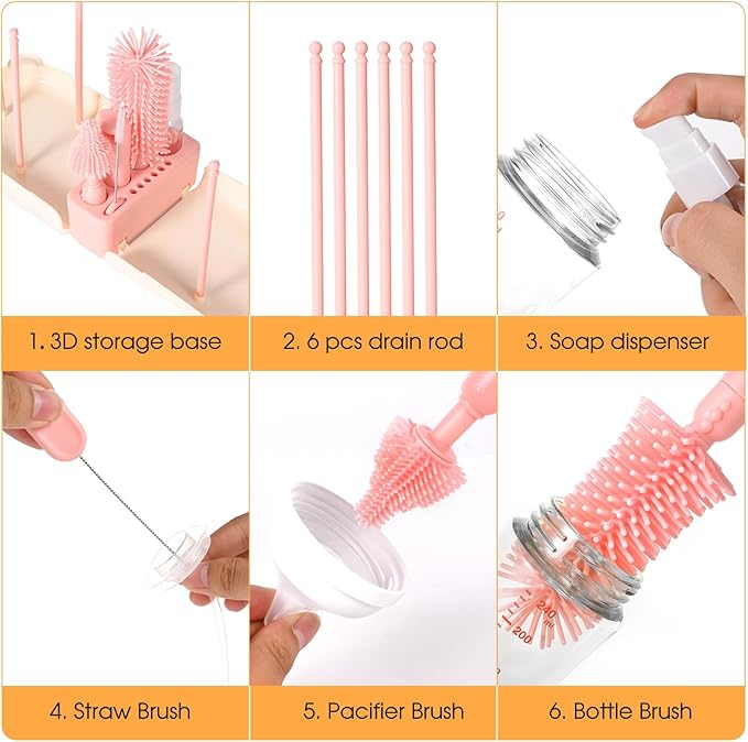 Portable 7-in-1 Baby Bottle Brush Set, Travel Cleaner Kit for Travel and Home, All-in-One Travel Baby Bottle Washing Kit: Integrated Cleaning & Drying System for Bottles and Breast Pump Parts (Pink)