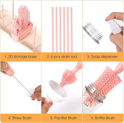 Portable 7-in-1 Baby Bottle Brush Set, Travel Cleaner Kit for Travel and Home, All-in-One Travel Baby Bottle Washing Kit: Integrated Cleaning & Drying System for Bottles and Breast Pump Parts (Pink)