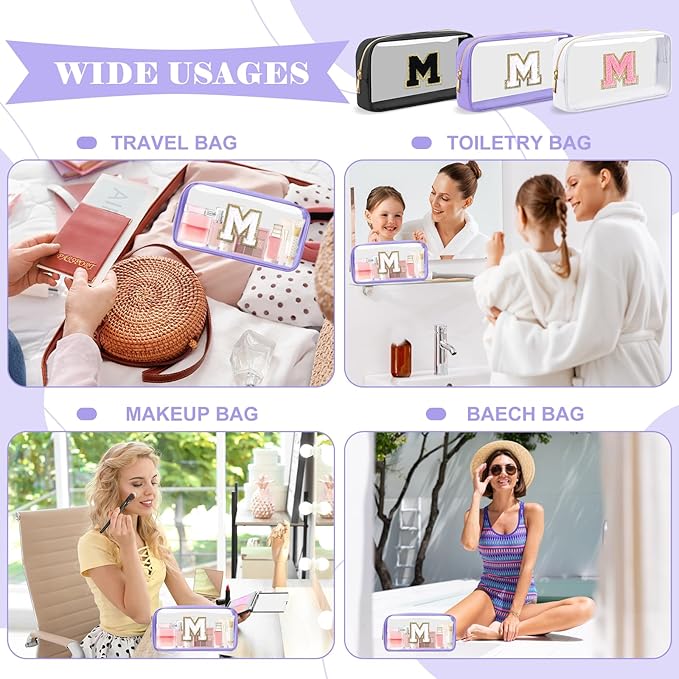 Personalized Initial Letter Clear Makeup Bag,Preppy Small Nylon&PVC Cosmetic Zipper Bag with Chenille Letter,Travel Skincare Toiletry Bag,Monogram Christmas Gift for Teen Girls Women,M