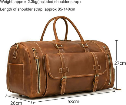 Full-grain Genuine Leather Travel Bag Large Capacity Duffel Luggage Bag with Shoe Compartment, Men Women Shoulder Bag for Weekend Holiday Business Trip, Light Brown