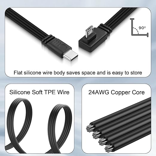 Flexible USB Type-C to Micro USB Cable,90 Degree Micro 5pin to USB C Flat Data Cable,Type C-to-Micro Short Flat Cable Supporting Charging& DataTransfer,for Phone,Camera,-30CM(Right Angle