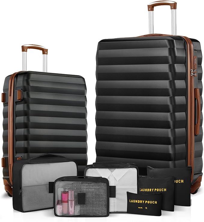 Luggage Sets 2 Piece, 20 Inch 28 Inch ABS Hardshell Suitcase Set with Spinner Wheels, Carry On and Checked Luggage for Women and 6 Piece Travel Organize Bags