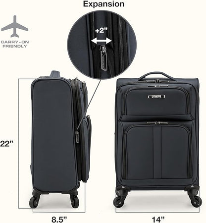 U.S. Traveler Anzio Softside Sturdy Ballistic Nylon Expandable Travel Suitcase Luggage with 4 Spinner Wheels, Dark Grey, Carry-on 22-Inch