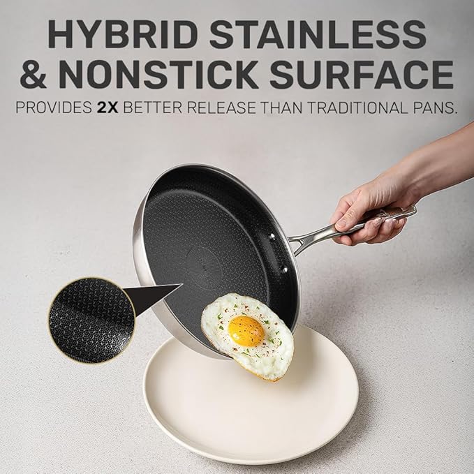 Hybrid 3pc Stainless Steel Non Stick Frying Pans Set, 8,10,12 inch Ceramic Frying Pan Skillet Set, Induction Ready, Made without PFAS & PFOA, Oven and Dishwasher Safe - Black