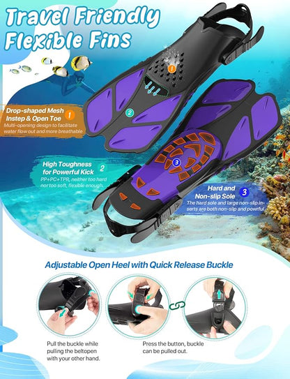 Zenoplige Mask Fins Snorkel Set, Snorkeling Gear for Adults, Panoramic View Snorkel Mask Anti-Fog, Adjustable Dive Flippers, Dry Top Snorkel and Travel Bag, Scuba Gear for Swimming Snorkeling Diving
