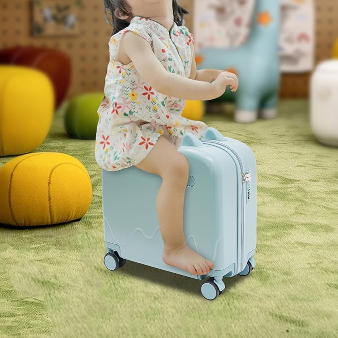 18-Inch Kids Ride-On Suitcase - Cute Lightweight Trolley Luggage with 4 Silent Spinner Wheels & Lock for Travel - Perfect for Ages 3-6 (Sky Blue)