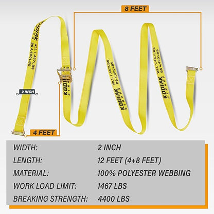 8 Pack E-Track Ratchet Straps 2" x 12' x 4,400 lbs Strength for Cargo Tie Down in Enclosed Trailer & Van by KODIAK STRAPS