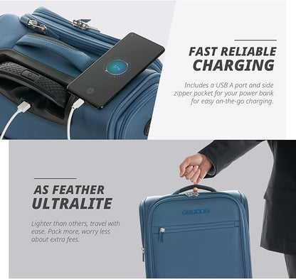 Verage Underseat Carry On Luggage with Wheels & USB Port,14 inch Coast Blue Wheeled Spinner Bag Carry-on Luggages for Airlines, Lightweight Suitcase Men Women, Pilots and Crew